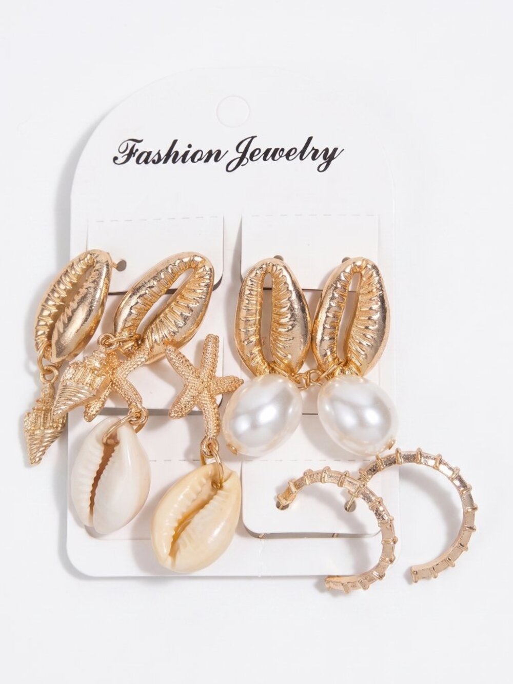 3/$20 NWT | 4 Pair Gold Sea Shell Cowrie Starfish Pearl Hoop Earring Set Beachy